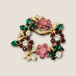 Vintage Floral Rhinestone Wreath Brooch With Emerald Ruby & Pink Stones